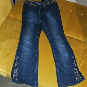 Younique Dark Blue Flare Jeans with Embroidery Broken Zipper